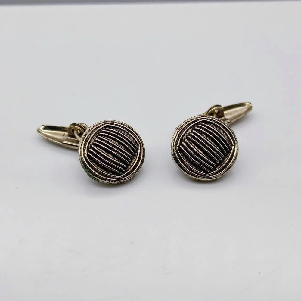 Vintage Striped Button Cuff Links, Dapper Silver Tone Brutalist, Gift for Him